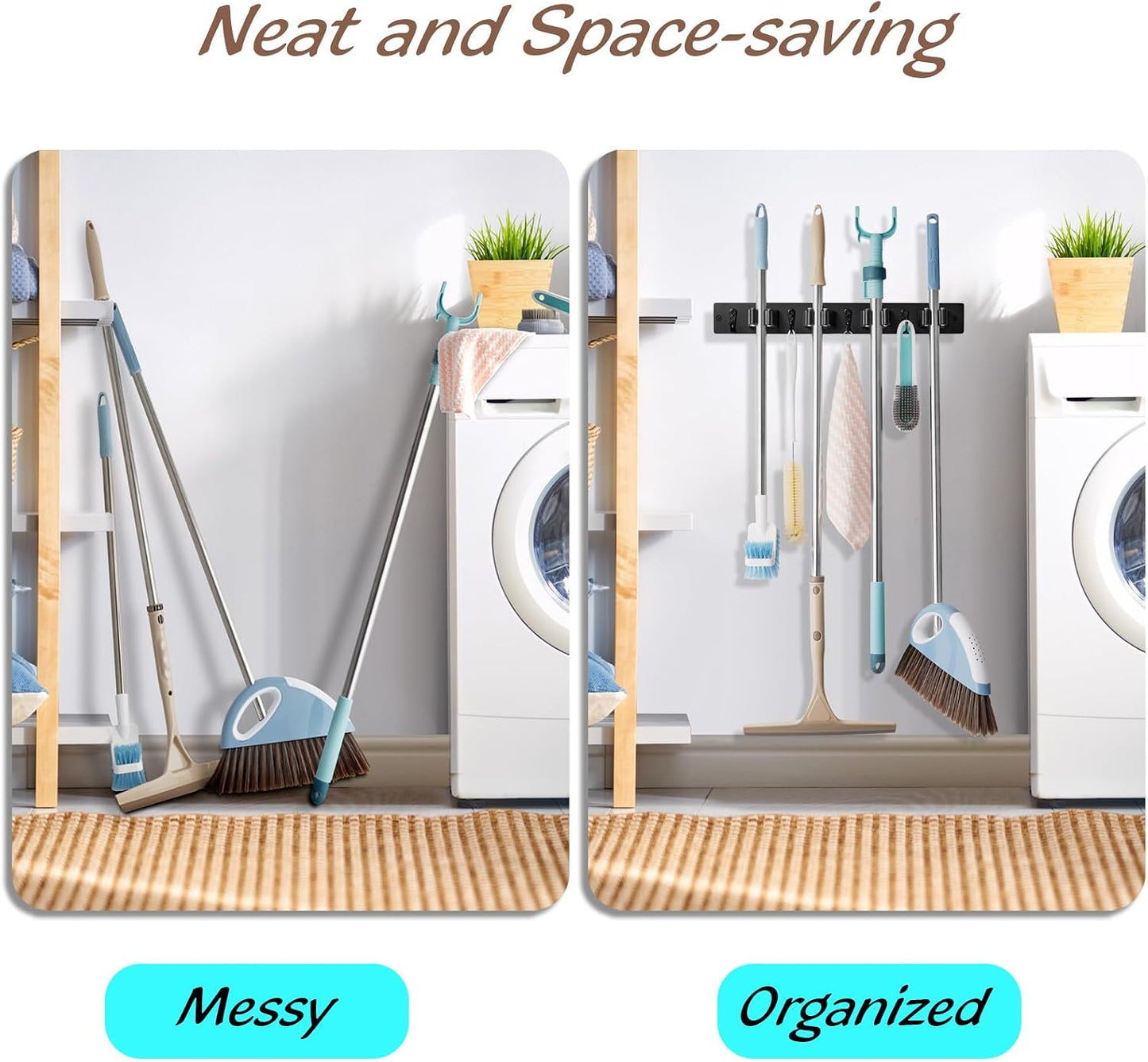 OUTNILI Mop and Broom Holder Wall Mount - Wood Broom Mop Hanger - Wall Mounted Garden Tool Rack Organizer for Closet Garage Laundry Room, Rustic Kitchen Decor With 4 Slots & 4 Hooks