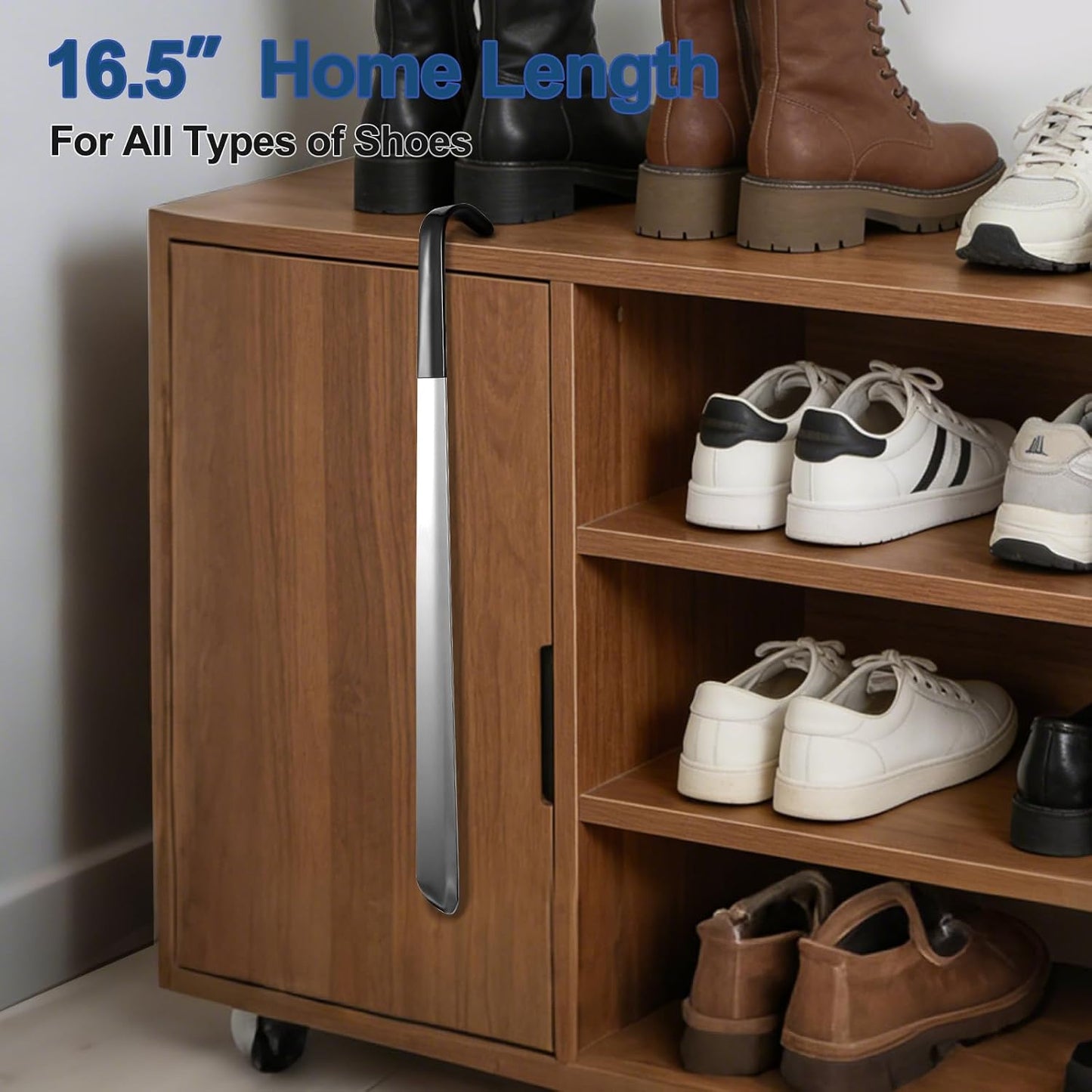 2 Pack Metal Shoe Horn, 16.5" Long Handle for Home + 11.8" Portable Travel Size, Premium Stainless Steel Shoehorn, Non-Slip Grip Shoe Helper for Boots Seniors