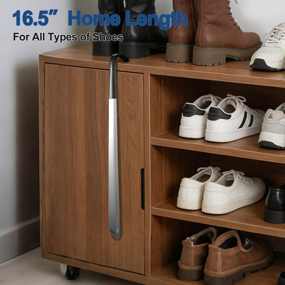 2 Pack Metal Shoe Horn, 16.5" Long Handle for Home + 11.8" Portable Travel Size, Premium Stainless Steel Shoehorn, Non-Slip Grip Shoe Helper for Boots Seniors