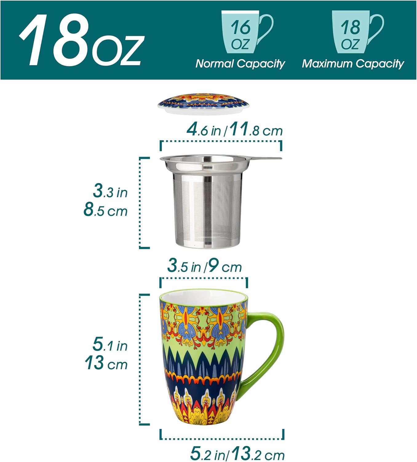 vancasso 18 Oz Tea Infuser Mug with Lid, Mint Petal Whirl | Eye catching Bohemian pattern, adds charm to any tea corner, ceramic mug with infuser, microwave and dishwasher safe