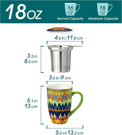 vancasso 18 Oz Tea Infuser Mug with Lid, Mint Petal Whirl | Eye catching Bohemian pattern, adds charm to any tea corner, ceramic mug with infuser, microwave and dishwasher safe