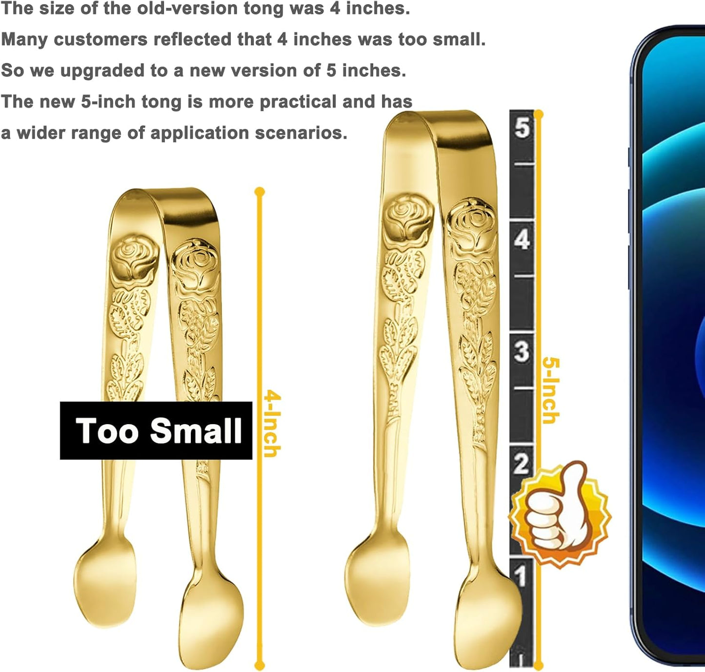 HINMAY 6PCS Mini Serving Tongs 5" Small Rose Appetizer Tongs (Gold) | Tiny Metal Tong for Tea Party, Coffee Bar, Desserts