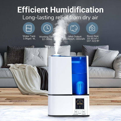 Humidifiers for Bedroom, 4L Cool Mist Humidifiers with Humidistat, humidifier for Home Large Room, LED Display, Quiet Operation, Sleep Mode, 24H Timer, Night Light