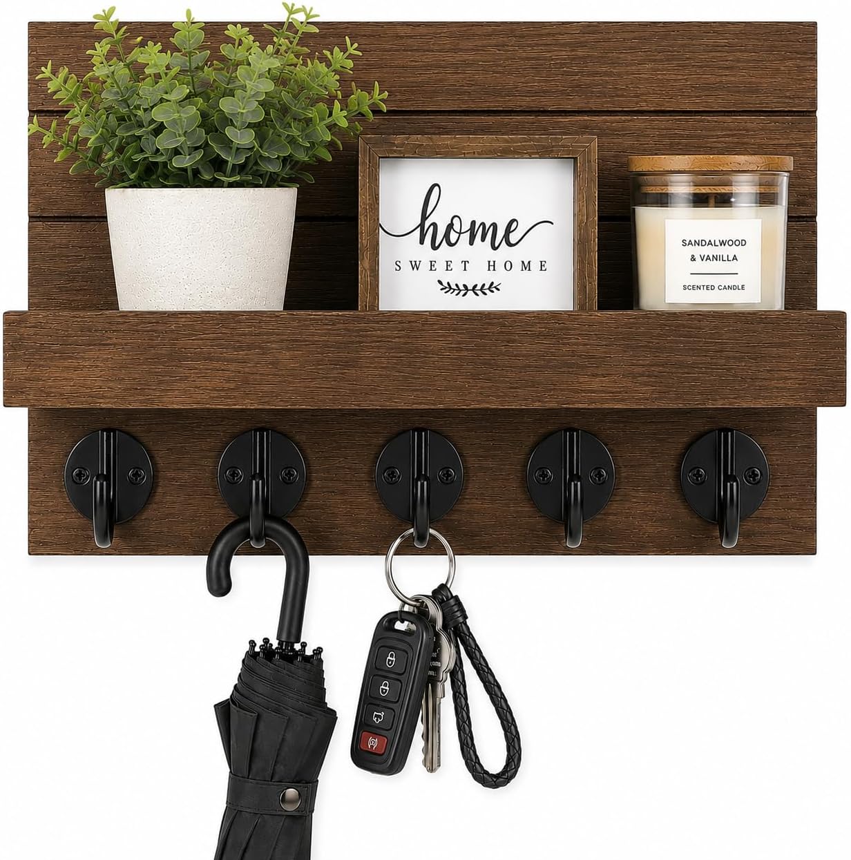 Key Holder for Wall, Decorative Key and Mail Holder, Key Holder Wall Mount with Shelf and Large Hooks, Easy Installation Key Rack for Entryway and Home Decor