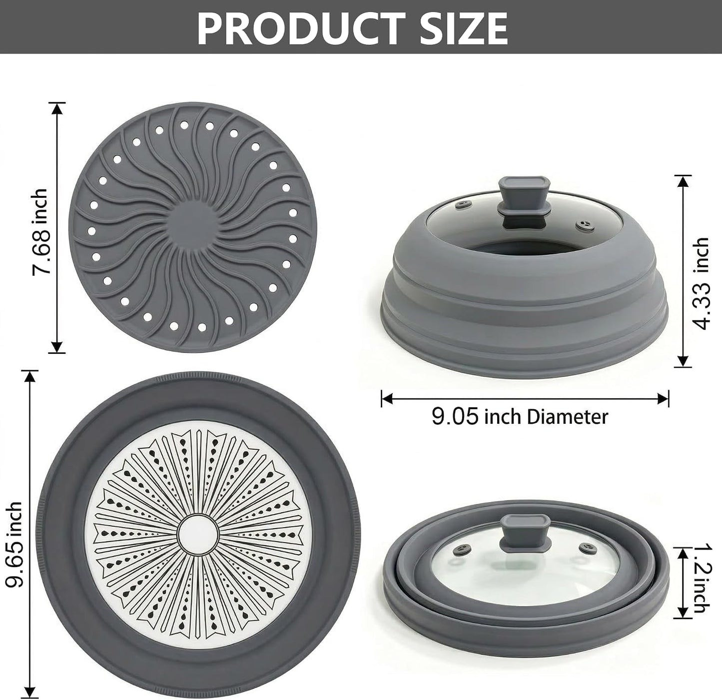 Microwave Splatter Cover for Food, 3-in-1 Glass & Silicone Microwave Cover with Anti-Scald Base Plate and Silicone Mat,Collapsible Vented Guard Lid, BPA-Free, Dishwasher Safe, 11 Inch (Large-Gray)