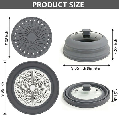 Microwave Splatter Cover for Food, 3-in-1 Glass & Silicone Microwave Cover with Anti-Scald Base Plate and Silicone Mat,Collapsible Vented Guard Lid, BPA-Free, Dishwasher Safe, 11 Inch (Large-Gray)