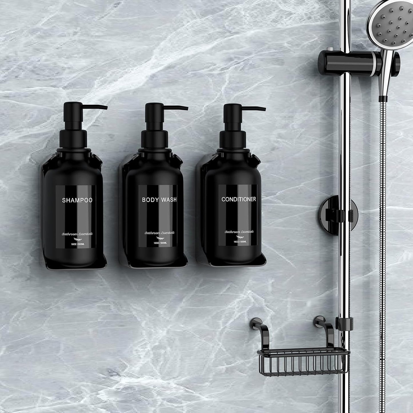 Modern Shampoo and Conditioner Dispenser - Shower Soap Dispenser Wall Mounted - 3-Pack 16 oz Plastic Amber Bottles with Black Pumps - Stylish Shampoo Dispenser, Shower Dispenser 3 Chamber No Drill