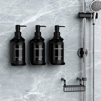 Modern Shampoo and Conditioner Dispenser - Shower Soap Dispenser Wall Mounted - 3-Pack 16 oz Plastic Amber Bottles with Black Pumps - Stylish Shampoo Dispenser, Shower Dispenser 3 Chamber No Drill