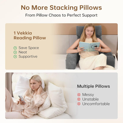 Vekkia 19'' Reading Pillow for Adults with XL Side Pockets, Adjustable Arms | 45° Back Support Chair for Sitting in Bed, Washable Cover, Perfect for Gaming, Watching TV, Relaxing, or Recovery, Gift Idea