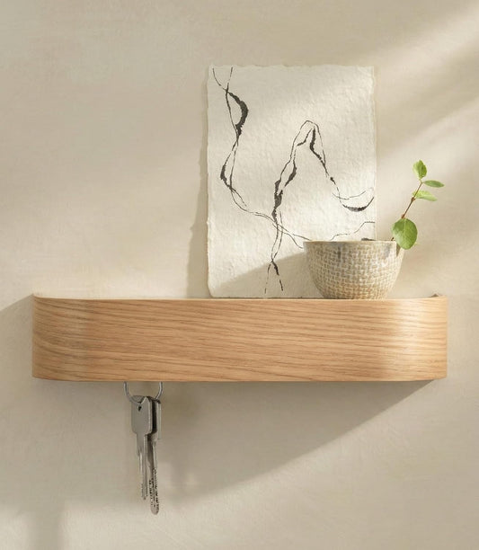 Kazai. Key Holder 'Toke' | Minimalist Key Hook Design from Berlin | Modern Key Holder Wall Mount with Wooden Shelf | Key Rack for Wall as Entryway Organizer | Walnut