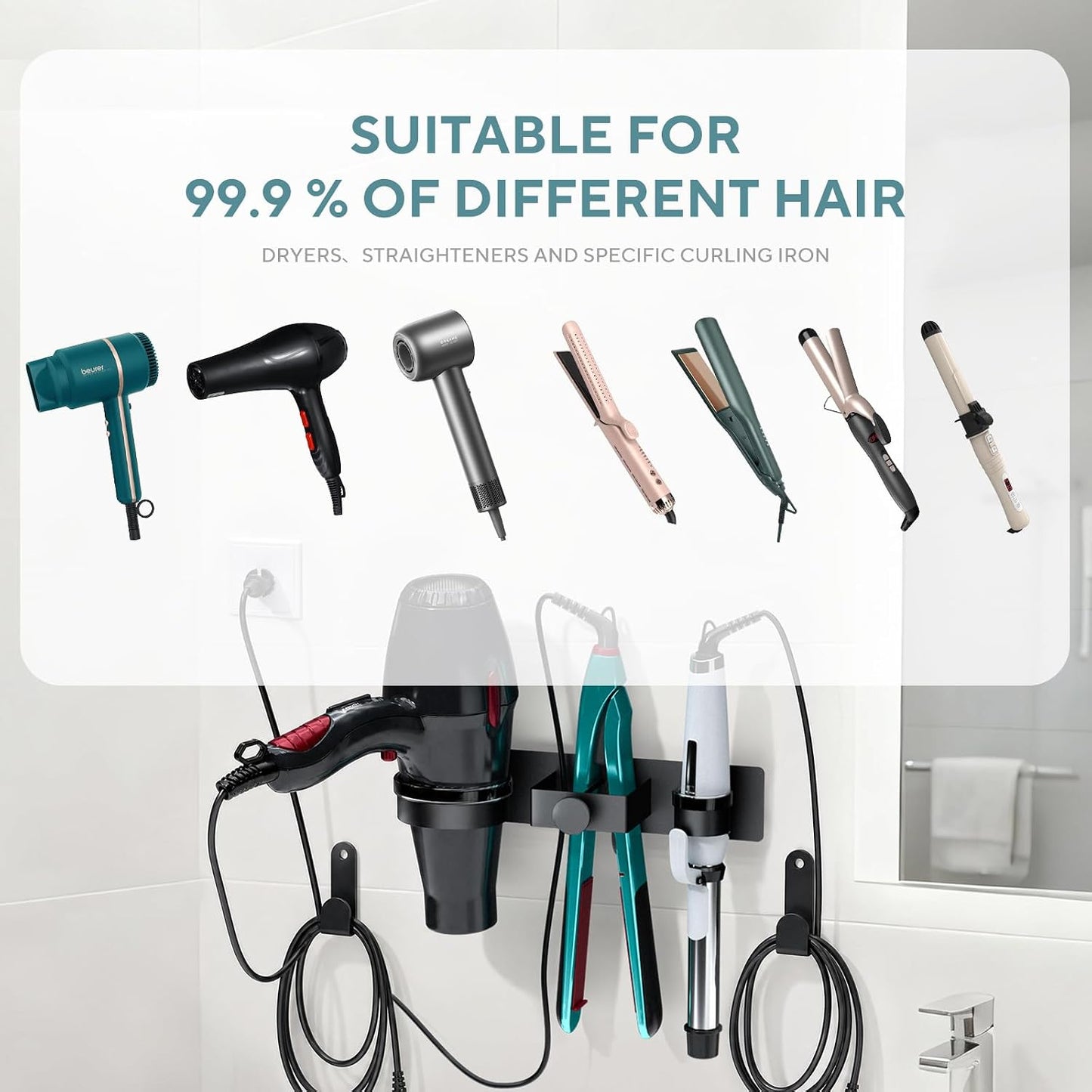 Hair Dryer Holder Wall Mounted, Blow Dryer Holder with Plug&Cord Organizer | Hair Straightener Holder Wall Mount, Metal Hair Tools Organizer & Storage Curling Iron Holder for Bathroom, Salon