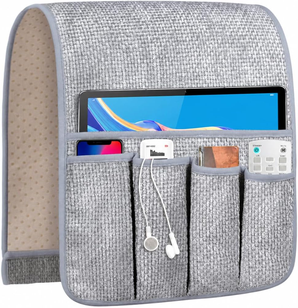 Remote Control Holder Couch Caddy, Armchair Caddy for Recliner 5 Pockets | TV Remote Holder Couch Armrest for Bed Storage with 5 Pockets, Remote Caddy Bedside Table Organizer (Light Gray,35''x13'')