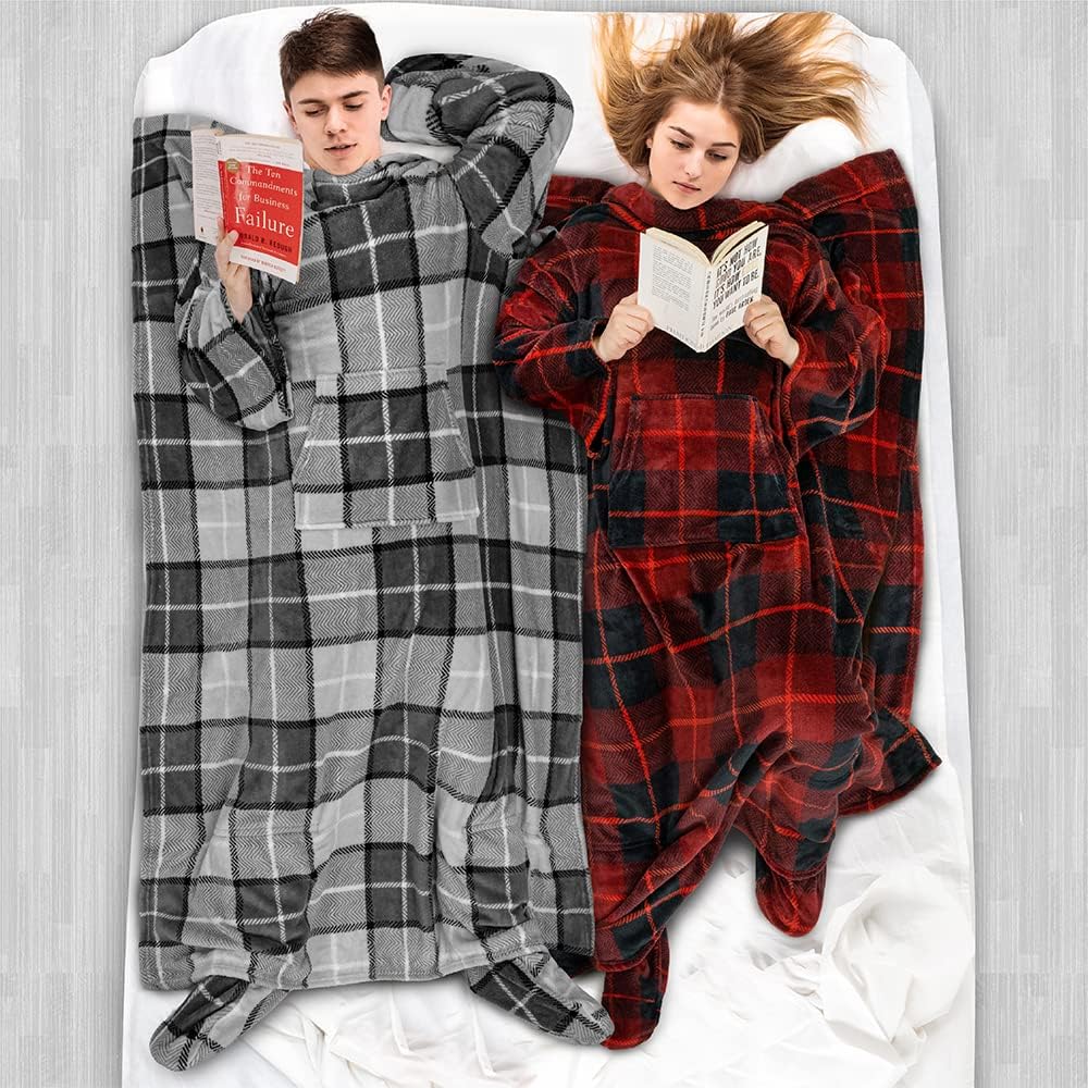 PAVILIA Fleece Blanket with Sleeves, Foot Pockets for Women Men Adults, Plush Wearable Blanket Throw Wrap, Warm Snuggle Blanket Robe, Cozy Gift Ideas Wife Mom, Dark Purple