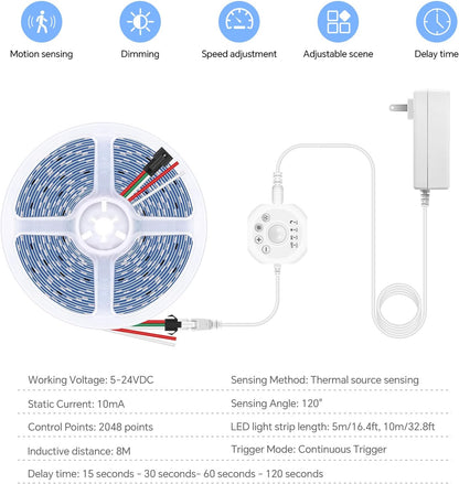 Motion Sensor LED Strip Light Kit 16.4Ft Running Water Flowing | LED Strip Lights Cut&Dimmable, 3000K 24V Motion Activated Flexible Horse Race Tape Light for Room Stair Corridor