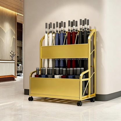 Umbrella Stand with Dual-Tier Partition, Umbrella Holder for Entryway with Drip Tray & Wheels, Thickened Iron Storage Rack for Long/Folding Cane(Black,Small)