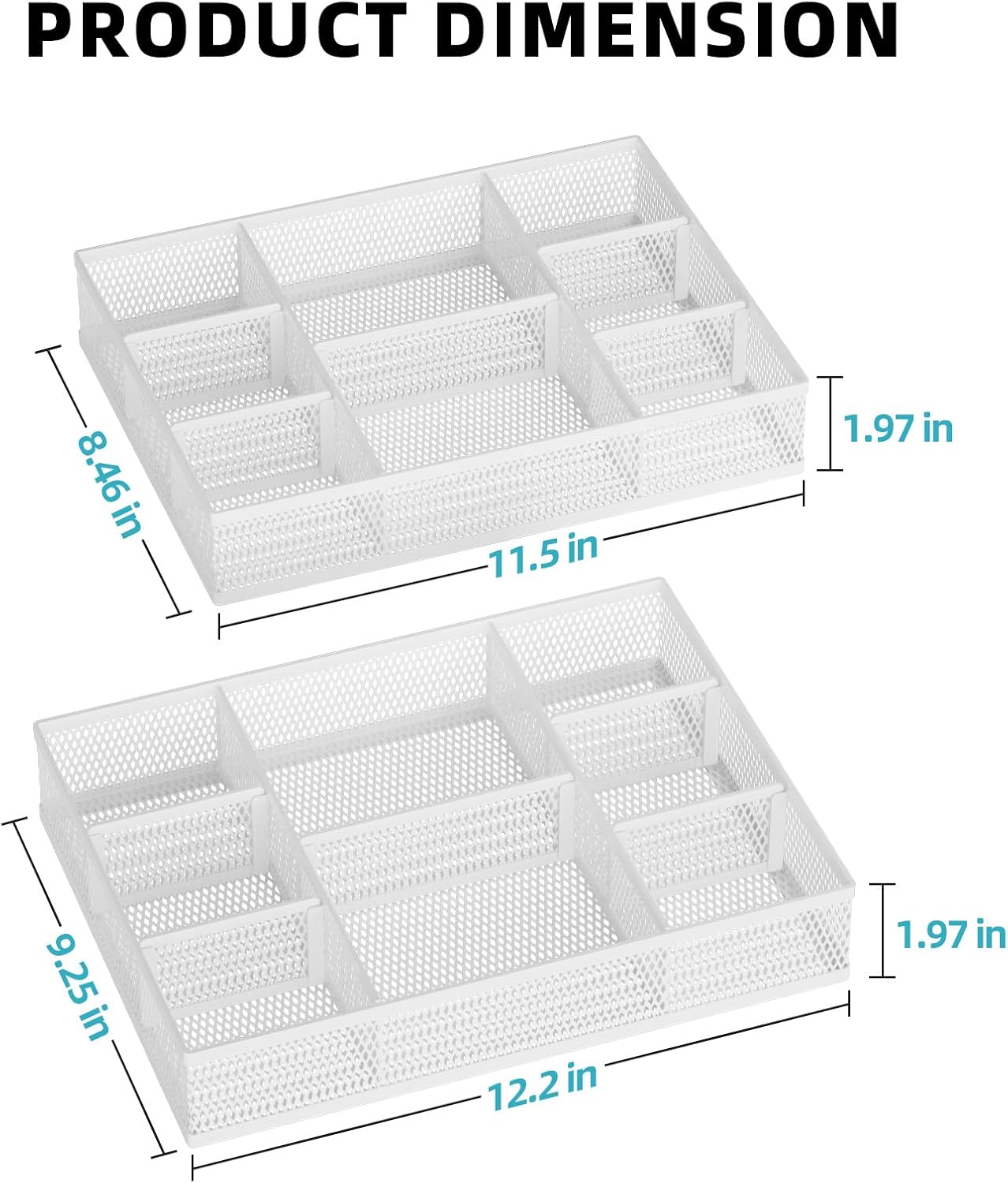 Marbrasse 2 Pack Desk Drawer Organizer, Mesh Drawer Organizer Tray with 8 Adjustable Compartments, Desk Organizers and Accessories, 5 Dividers Drawer for Office Supplies, Makeup & Vanity (Black)