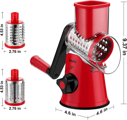 Geedel Rotary Cheese Grater, Kitchen Mandoline Vegetable Slicer with 3 Interchangeable Blades, Easy to Clean Rotary Grater Slicer for Fruit, Vegetables, Nuts | 3 Blades, 430 Stainless Steel, 12x Fast Cutting, Strong Suction Base, No BPA, Dishwasher Safe,