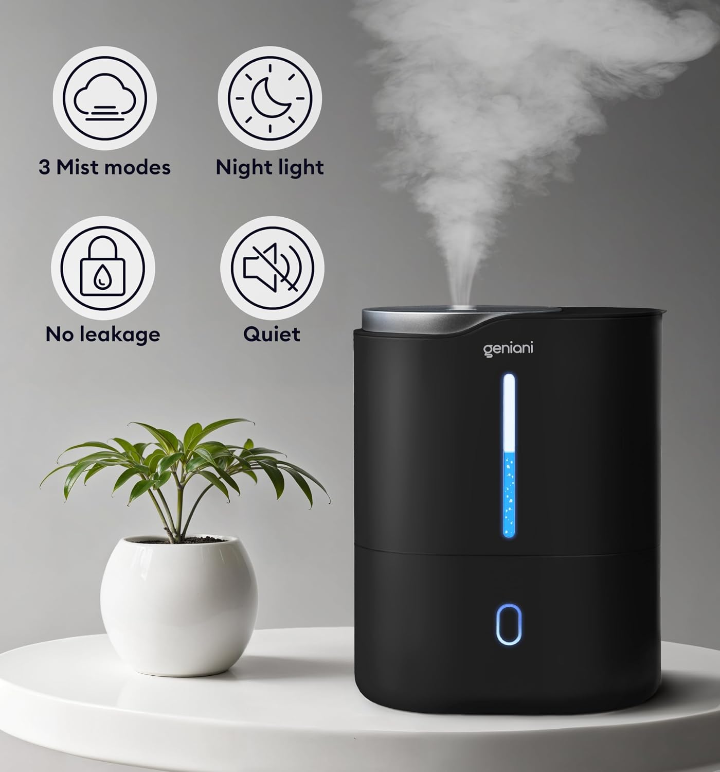 GENIANI Cool Mist Air Humidifiers for Bedroom, Plants, and Large Rooms - Quiet Humidifiers for Baby Room with Auto Shut Off & Night Light (3.9L, White)