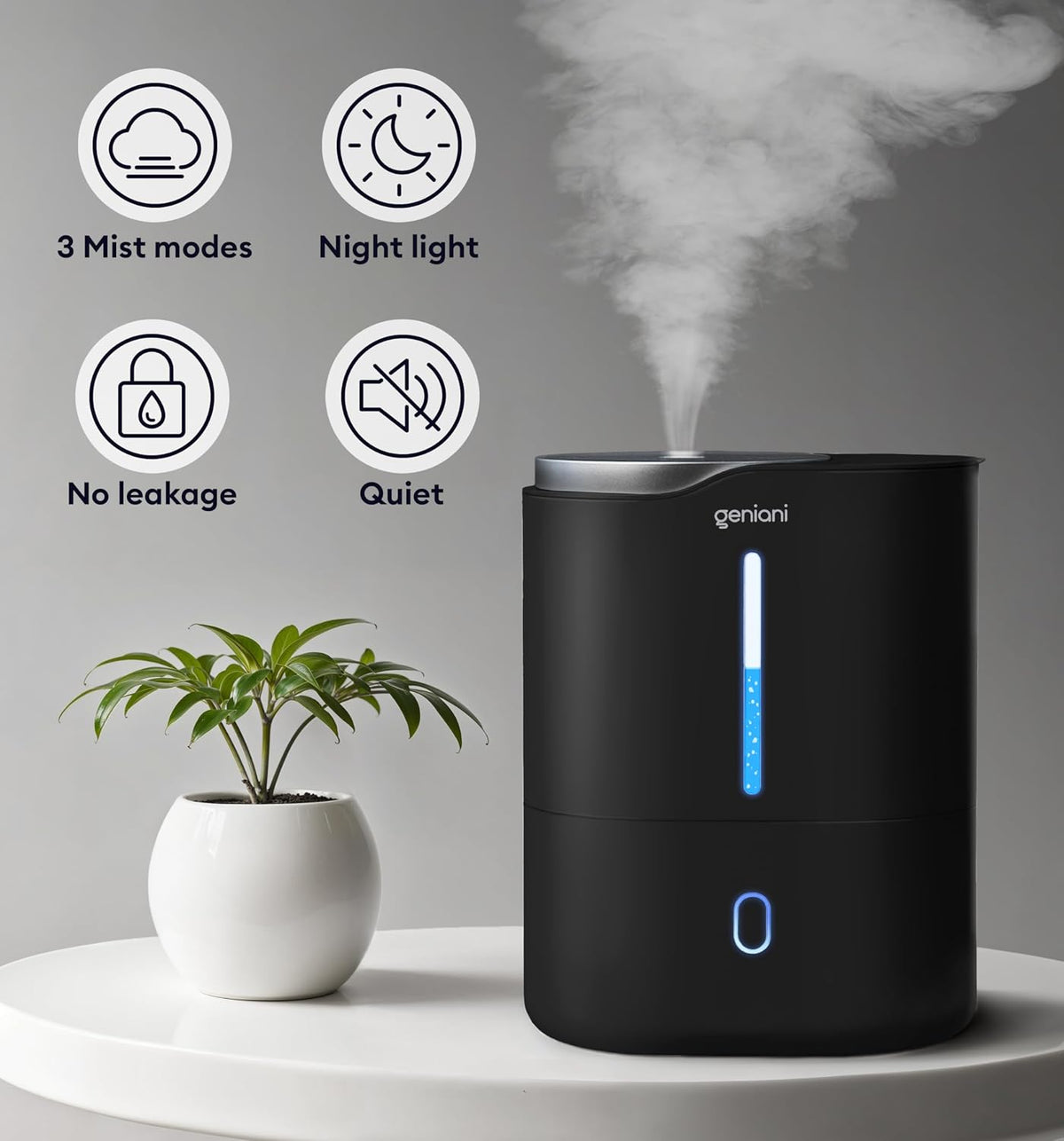 GENIANI Cool Mist Air Humidifiers for Bedroom, Plants, and Large Rooms - Quiet Humidifiers for Baby Room with Auto Shut Off & Night Light (3.9L, White)