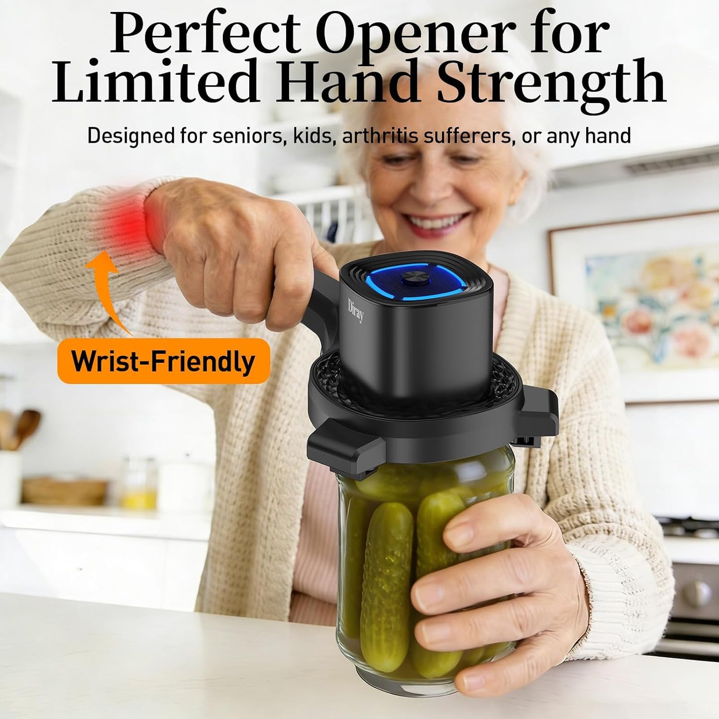 Diray 2-in-1 Electric Jar & Bottle Opener, Power-Clamp Auto Lock & Manual Twist, Smooth Mechanical Feel, Durable Tool for Arthritis Sufferers & Elderly, Free Anti-Slip Gripper Pad