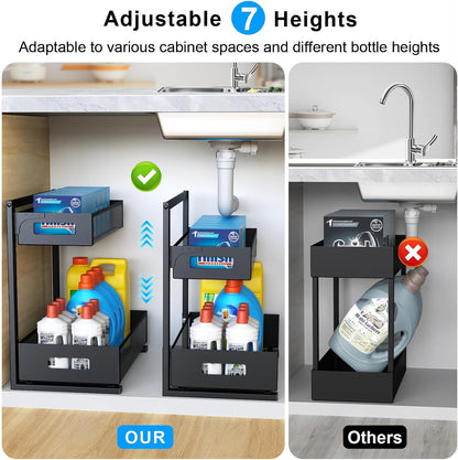 Petiza Under Sink Organizer Adjustable Height 2 Tier Bathroom Organizer Pull Out Cabinet Organer kitchen organizers and storage fridge organizers and storage,White,XL-1 Pack
