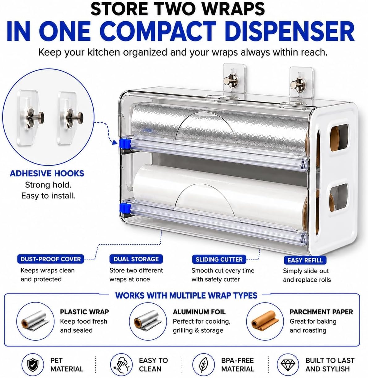 2in1 Plastic Wrap Dispenser with Cutter, Wall Mounted Plastic Wrap Dispenser with 2 Adhesive Hooks, 12 inch Clear Foil Dispenser with Cutter for Foil, Cling Wrap & Wax Paper for Easy Storage