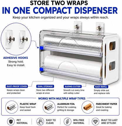 2in1 Plastic Wrap Dispenser with Cutter, Wall Mounted Plastic Wrap Dispenser with 2 Adhesive Hooks, 12 inch Clear Foil Dispenser with Cutter for Foil, Cling Wrap & Wax Paper for Easy Storage