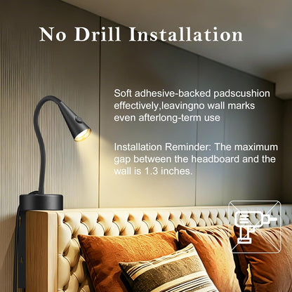 Headboard Reading Light, Black Bedside Lamp, No-Drill Book Light for Bedtime Reading, Dimmable LED, Flexible Gooseneck, 360°Adjustable, Plug-in Reading Lamp Movable-1 Pack
