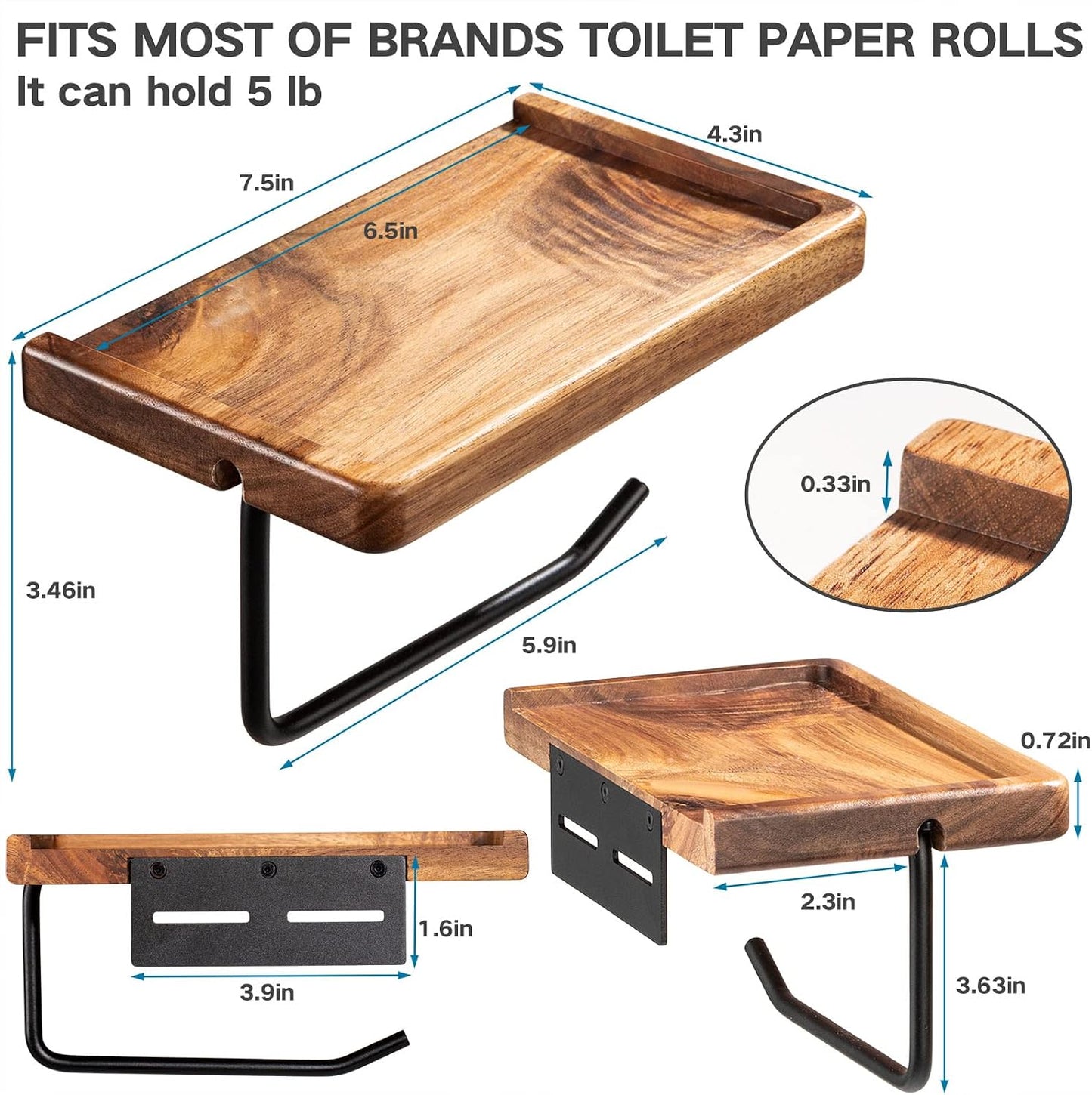 Toilet Paper Holder with Shelf: Wall Mount Bathroom Tissue Storage | Acacia Wood Shelf w/Adhesive/Screw - Matte Black Aluminum Alloy Bathroom Accessories Wood Shelf for Phone Wipes