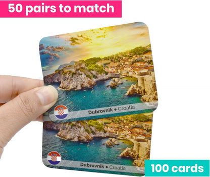 Menique Explore the World Memory Matching Game – Geography Game with 100 Photo Cards, 50 Countries, Flags & Landmarks – Travel Card Game with Educational Booklet, Ages 3+