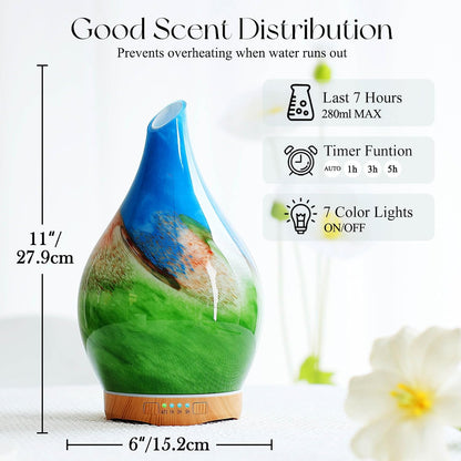 Porseme Essential Oil Diffuser 280ml Handmade Glass Diffuser 7H Runtime | Elegant Handmade Glass Aroma Diffuser with 7-color LEDs, Quiet Aromatherapy and Safe Auto Shut-off, Perfect for Gifts