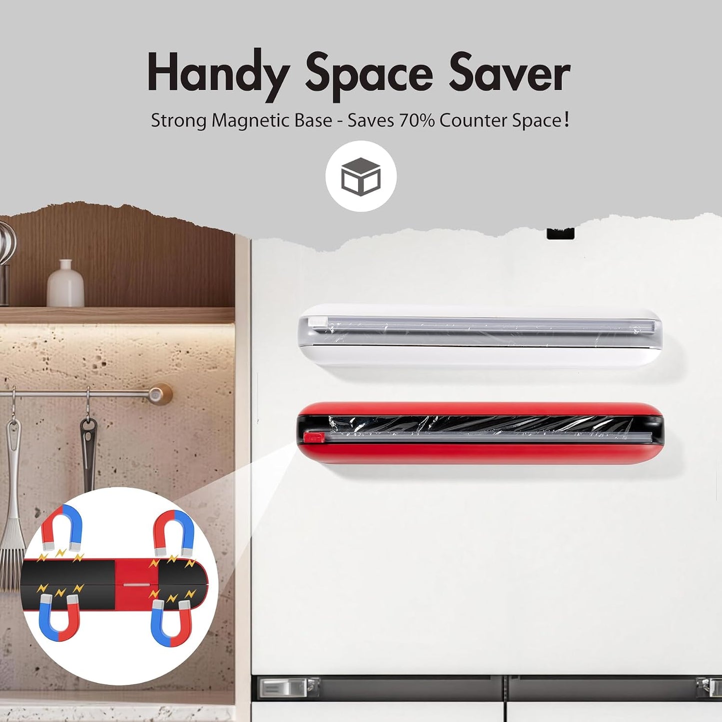 Aluminum Foil & Plastic Wrap Dispenser with Cutter - Easy One-Hand Operation, Space-Saving Kitchen Organizer for Worktops & Cabinets, Magnetic Cling Film Dispenser - Fits 12" Rolls, Gray