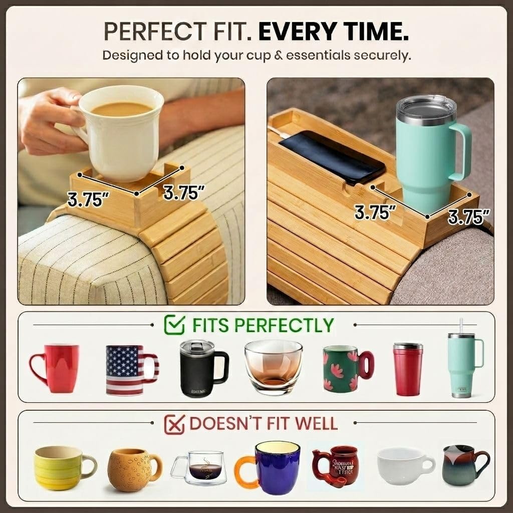 Bamboo Couch Cup Holder Tray, Sofa Armrest Cup Holder, Snack Tray