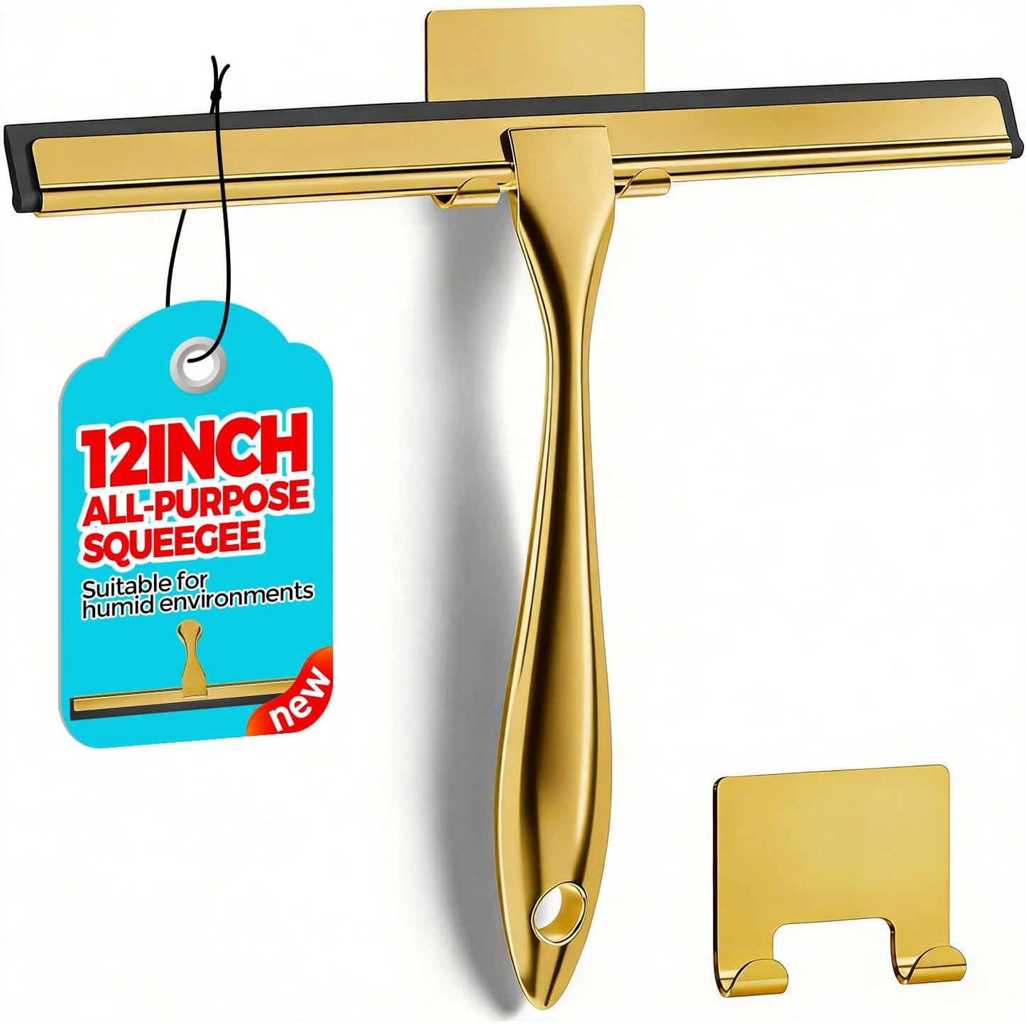 12" Shower Squeegee for Glass Doors, Tile Walls, Car Windows, Silver | Bathroom Accessories, New Home Essentials, Silicone Blade, Metal Handle, Adhesive Hook, Household Tool, Multipurpose Cleaner