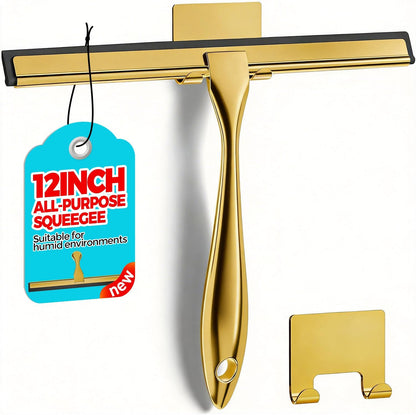 12" Shower Squeegee for Glass Doors, Tile Walls, Car Windows, Silver | Bathroom Accessories, New Home Essentials, Silicone Blade, Metal Handle, Adhesive Hook, Household Tool, Multipurpose Cleaner