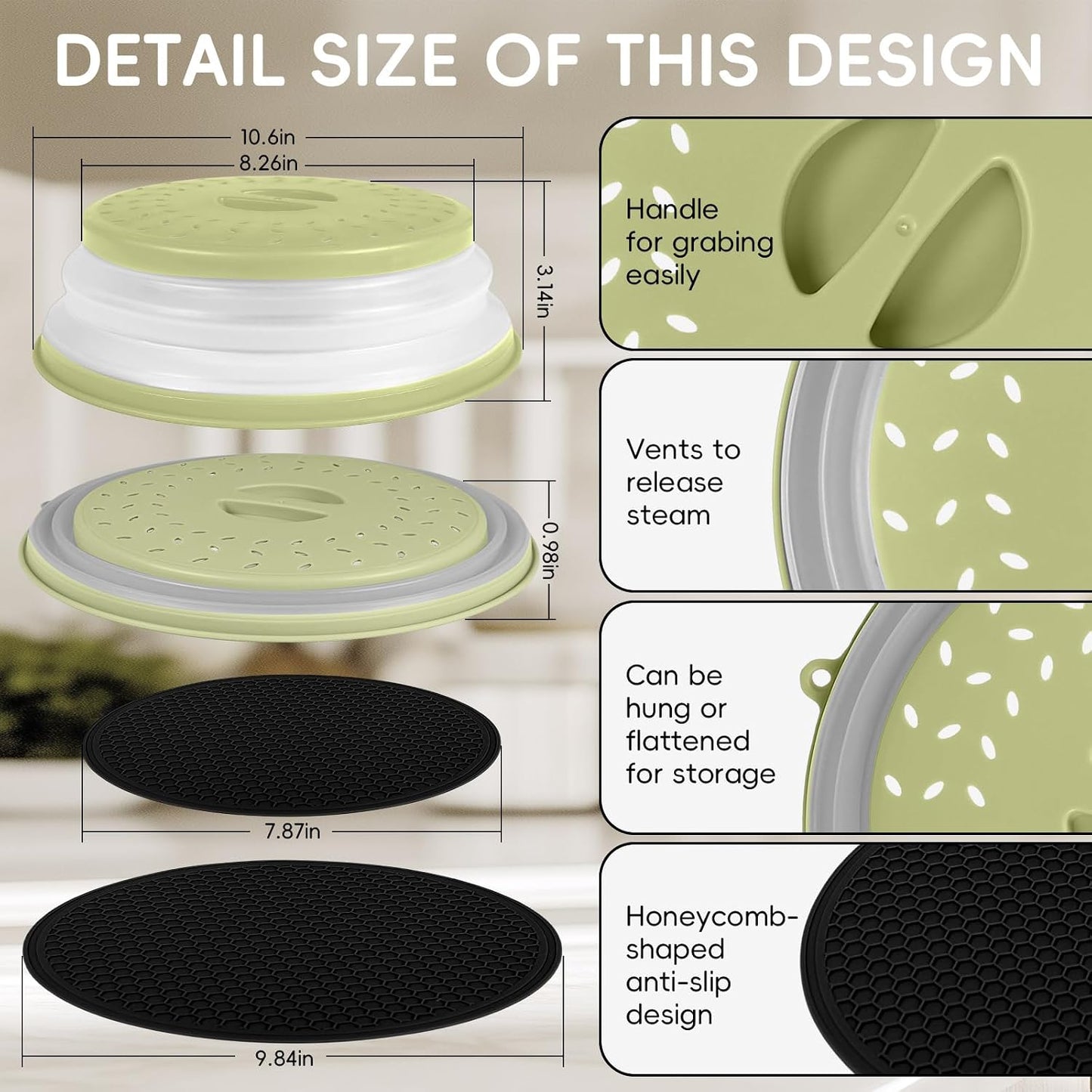 10.6“ Collapsible Microwave Splatter Cover for Food & Silicone Microwave Mat, Mat as Bowl Holder, Trivet, Pot Holders, Baking, Utensils Rest for Kitchen Counter, Dishwasher Safe (Grey)