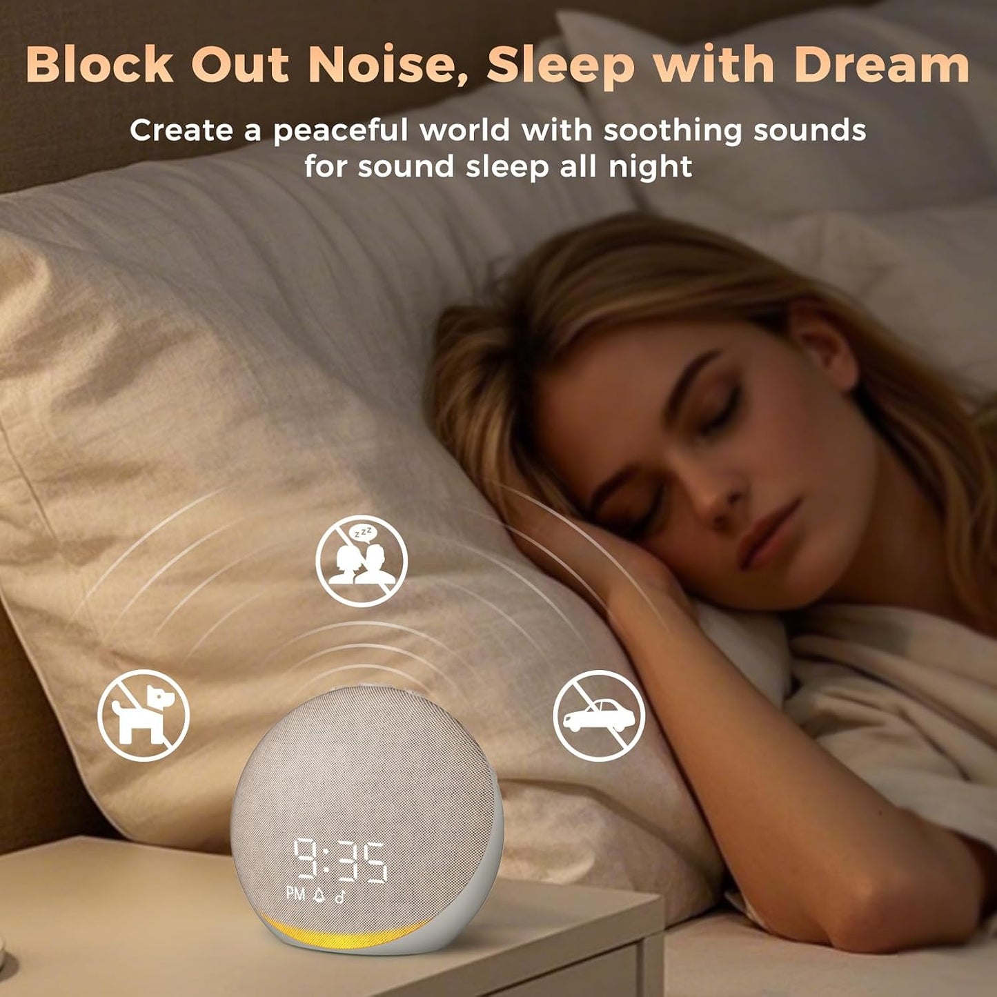 Sound Machine Alarm Clock for Bedroom: 25 Natural Sleep Sounds | White Noise Machine for Adults Kids Baby - Gentle Wake Up Alarm with Bluetooth Speaker - Putty