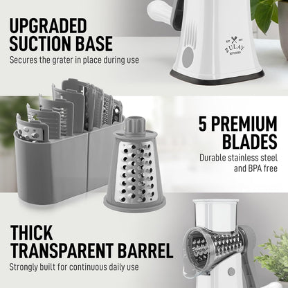 Zulay Kitchen Rotary Cheese Grater 5 Blade Cheese Shredder - Manual Hand Crank Cheese Grater With Reinforced Suction & 5 Interchangeable Drums - Easy to Use, Vegetable Chopper Round Mandoline Slicer - Colors B