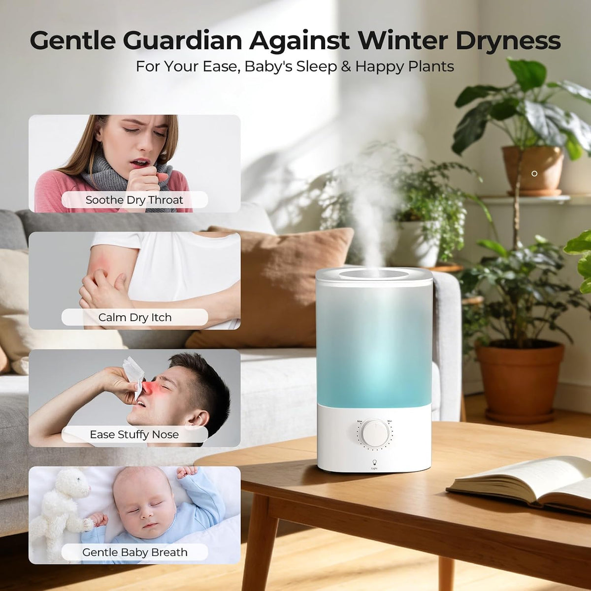 Cool Mist Humidifiers for Bedroom,3.2L Humidifiers for Baby Nursery＆Plants,7-Color Light,Oil Diffuser,Top Fill,360°Nozzle,Timer,24DB Quiet,BPA Free,Tap to Operate,White