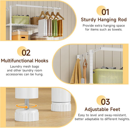 3 Tiers Expandable Over Washer and Dryer Shelves, White | Laundry Room Organization and Storage with Hanger Rod, 4 Hooks, Adjustable Height Metal Freestanding Clothes Drying Rack