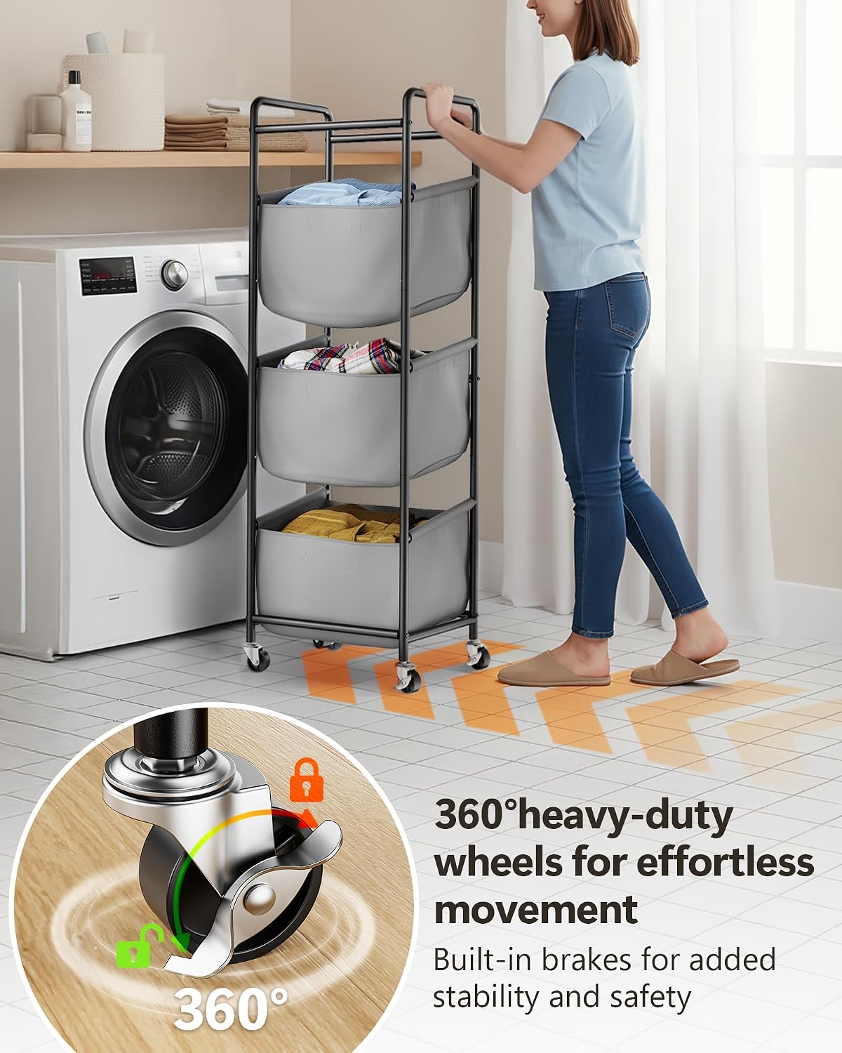 3 Section Laundry Sorter with Removable Bags, 120L Rolling Vertical Laundry Hamper, Stackable Laundry Baskets organizer for Bathroom, Apartment, Dorm (Beige, With Wheel)