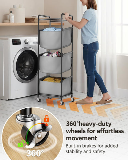 3 Section Laundry Sorter with Removable Bags, 120L Rolling Vertical Laundry Hamper, Stackable Laundry Baskets organizer for Bathroom, Apartment, Dorm (Beige, With Wheel)