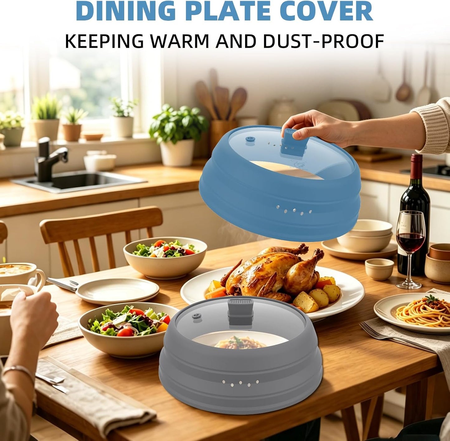 Microwave Splatter Cover Glass Guard Lid with Collapsible Silicone for Food Pot Plate Cover 9.8 inch Dark Blue