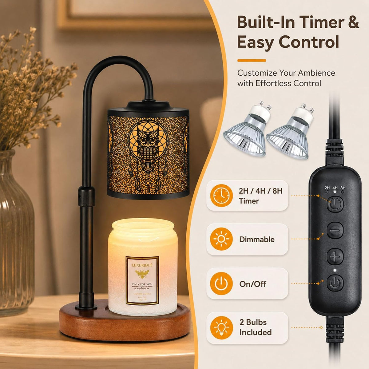 Dimmable Candle Warmer Lamp with Timer Adjustable Height for Scented Jar Candles Electric Candle Wax Melt Warmer for Home Decor Christmas Birthday Gifts for Women Mom(Hummingbird)
