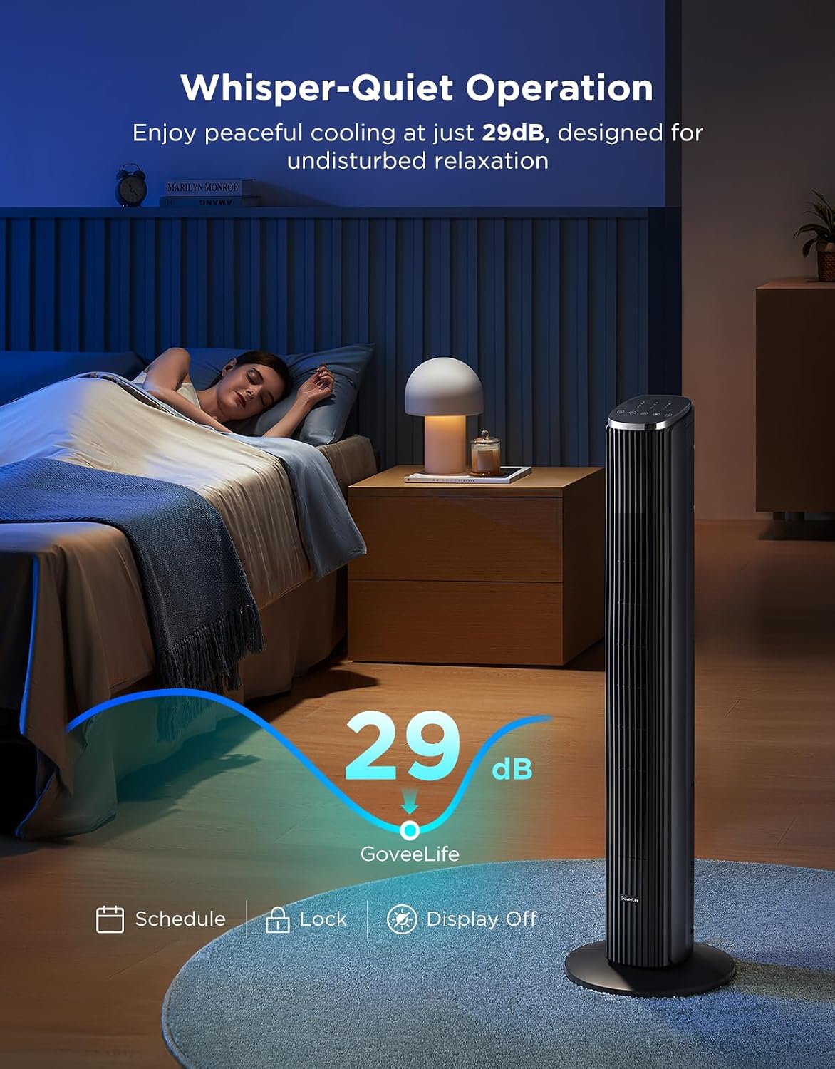 GoveeLife 36 in. Black Tower Fan for Bedroom, 5 Modes 8 Speeds up to 25ft/s | Smart Floor Fan with App/Voice Control, Temp Sensor, 29dB Bladeless Oscillating Fan for Office, 24H Timer, Auto Cooling
