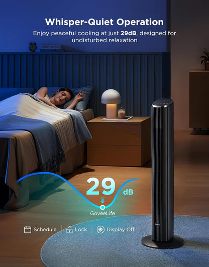 GoveeLife 36 in. Black Tower Fan for Bedroom, 5 Modes 8 Speeds up to 25ft/s | Smart Floor Fan with App/Voice Control, Temp Sensor, 29dB Bladeless Oscillating Fan for Office, 24H Timer, Auto Cooling