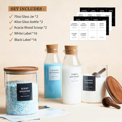 Glass Laundry Storage Containers with Acacia Lids and Scoops, Laundry Jars | 2 Pack Laundry Detergent Canisters for Powder, Laundry Pod Holder & Beads Organizer with Labels for Laundry Room Organization