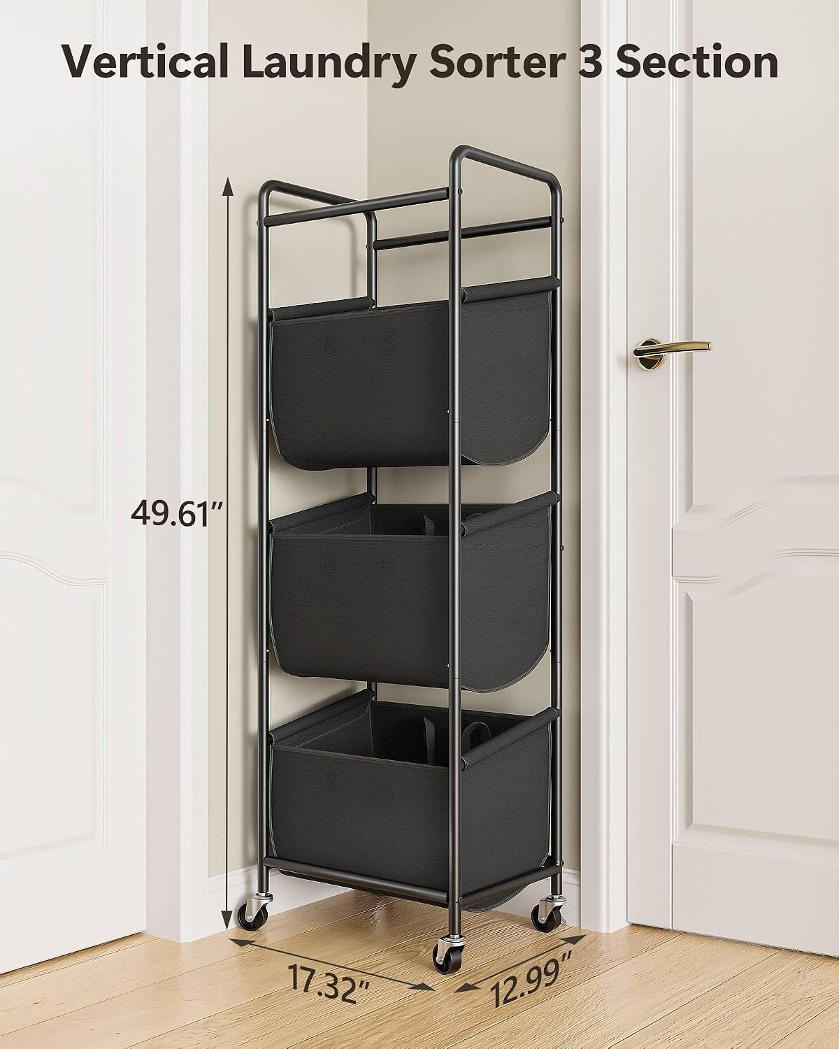 3 Section Laundry Sorter with Removable Bags, 120L Rolling Vertical Laundry Hamper, Stackable Laundry Baskets organizer for Bathroom, Apartment, Dorm (Beige, With Wheel)