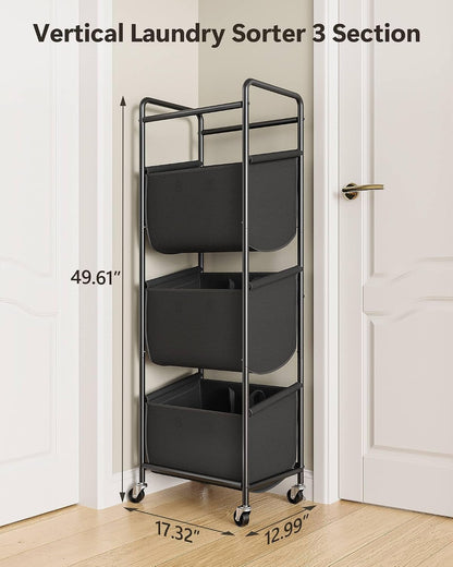 3 Section Laundry Sorter with Removable Bags, 120L Rolling Vertical Laundry Hamper, Stackable Laundry Baskets organizer for Bathroom, Apartment, Dorm (Beige, With Wheel)