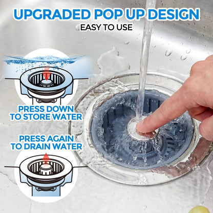 3 in 1 Kitchen Sink Drain Strainer Stopper Removable Basket Pop-Up | Kitchen Sink Food Strainer 1 Pack Silver Stainless - Food Catcher, Odor-Block Seal, Fits 3.5" Drain, Easy Clean